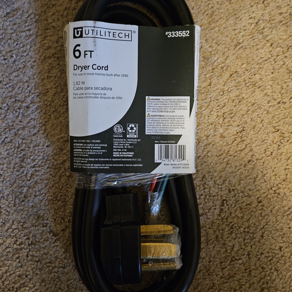 Black Dryer Cord - 6 FT - Picture 2 of 2